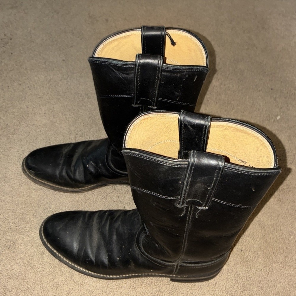 Justin Boots Men's 7.5B  Black Leather Roper Cowboy Boots USA Western Pull-On